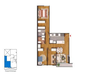 X02 - Flat | Área total: 74.5 (m2) | (2 dormitorios+estudio)